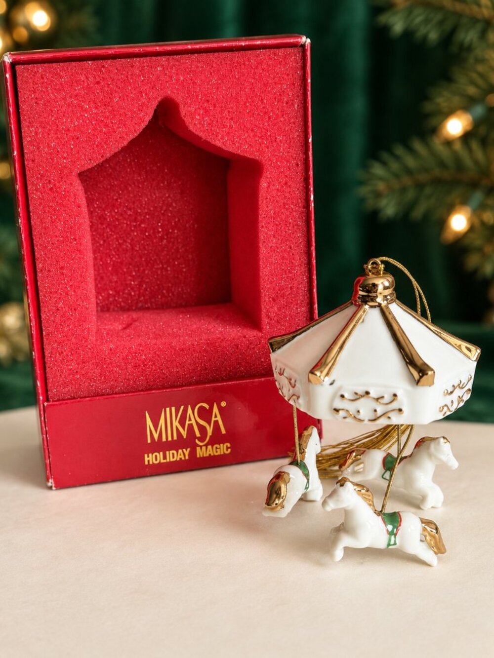Mikasa Holiday Magic Porcelain Carousel Ornament Gold Original Box